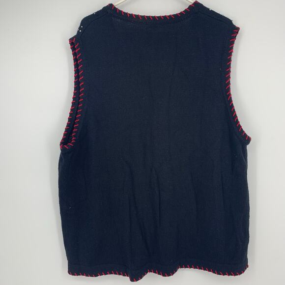 Basic Editions Holiday Vintage Black Knit Beaded Christmas Tree Sweater Vest 2X - Picture 2 of 5